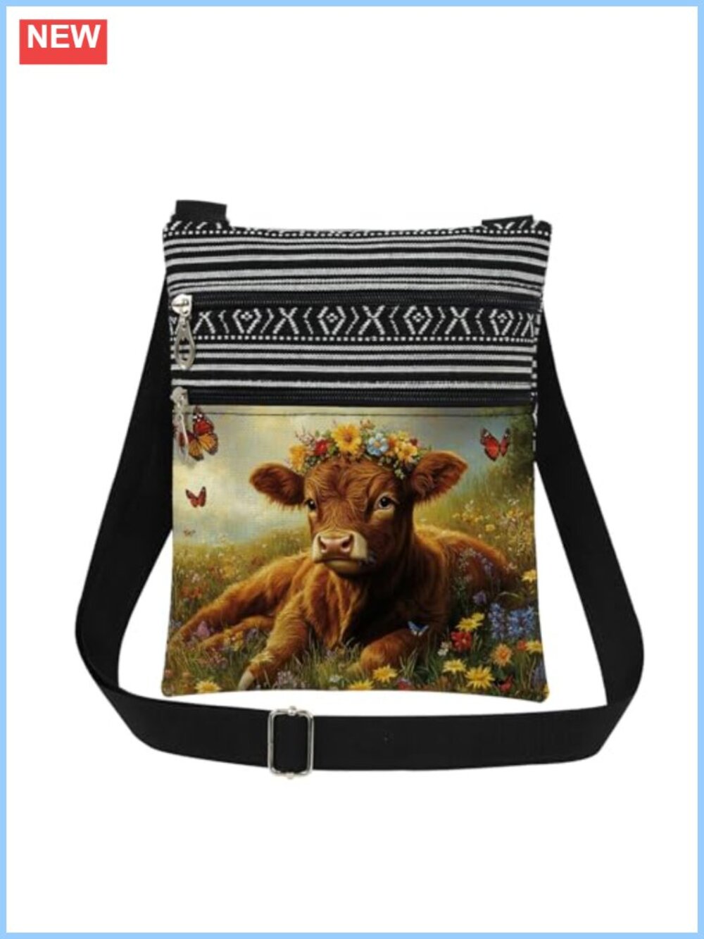 Polyester Cow Floral Crossbody Bag Adjustable Strap Daily Purse